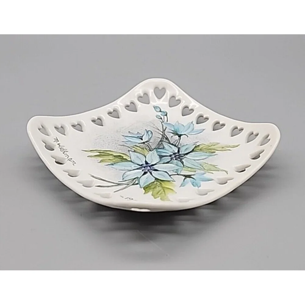 VTG Hand Painted Blue Floral Porcelain Square Dish Heart Cutouts 1967 Original